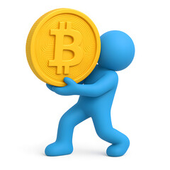 3D Character Carrying Giant Bitcoin Coin, Cryptocurrency Investment Concept
