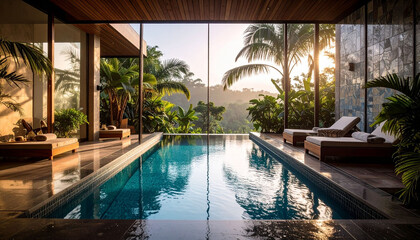 Obraz premium Luxurious Infinity Pool with Tropical View Tranquil Resort Escape at Sunrise