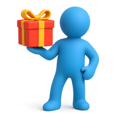 Blue 3D Figure Offering a Gift Box