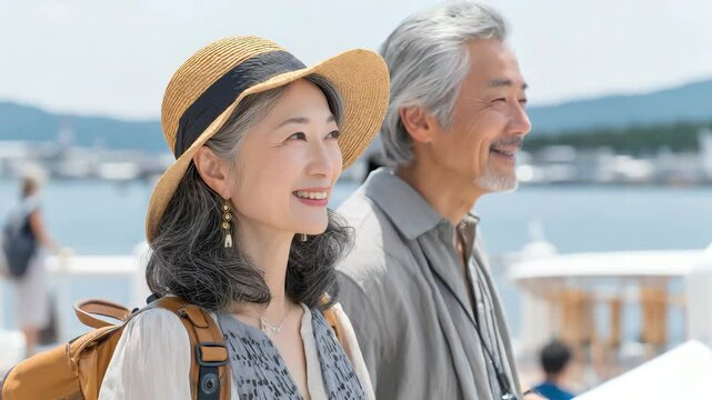 仲睦まじく旅行するシニア夫婦