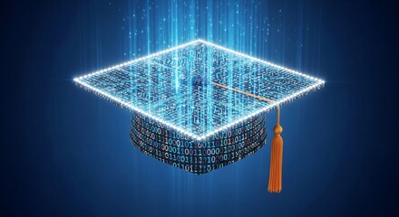 A 3D render of a graduation cap, adorned with binary code, showcasing the integration of technology in education.