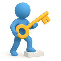 3D Character Holding a Large Golden Key, Success, Opportunity, and Solution Concept