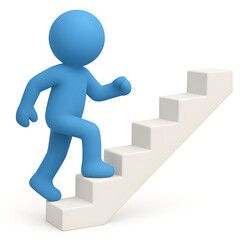 3D Blue Figure Ascending a Staircase Progress, Growth, and Success