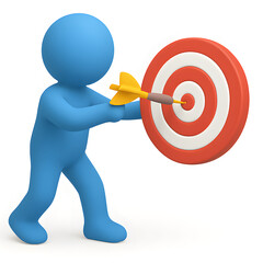 3D Blue Figure Achieving Success by Hitting the Bullseye on a Dartboard