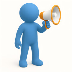 3D Blue Figure Announcing with Megaphone, Announcement, Communication, and Public Speaking Concept