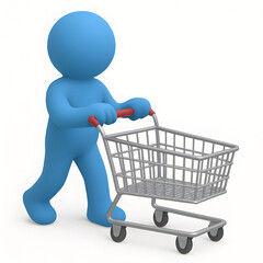 3D Blue Figure Pushing Shopping Cart