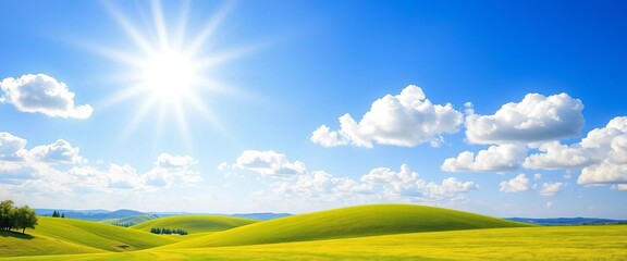 Flat style vector illustration of sunny summer landscape with green hills, blue sky, and fluffy clouds,  holiday,  artwork