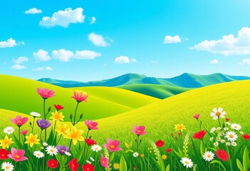 Flat style vector illustration of a vibrant spring landscape with blooming flowers, green hills, and a bright blue sky,  illustration,  new
