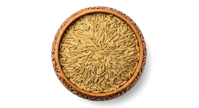 Top view of a wooden bowl filled with cumin seeds on a white background isolated shot