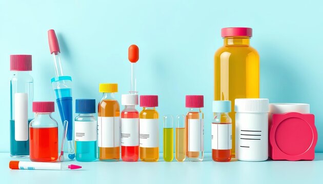 Flat style illustration of various medical test equipment and vials, arranged neatly ,   medical test,  vector