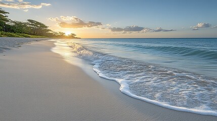 Obraz premium Tropical beach sunset waves; idyllic vacation scene