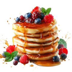  Stack of Pancakes with Syrup and Berries on White Background