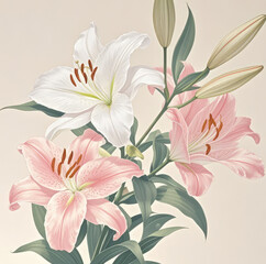 Elegant Blooming Lilies in Soft Pastel Tones on a Neutral Background