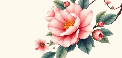 Fototapeta premium Elegant vintage Japanese-style camellia blossom vector illustration, featuring intricate details and soft color palette, pattern, artwork