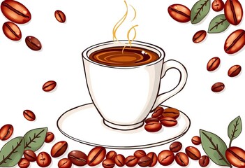 Elegant hand-drawn coffee cup & bean gift card template, leaves, rustic