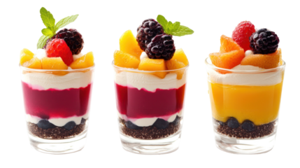  Three layered fruit desserts in elegant glasses on transparent background