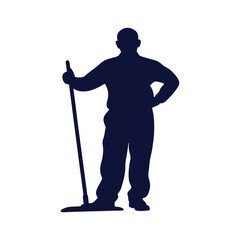 minimalist silhouette of person holding mop flat blue icon