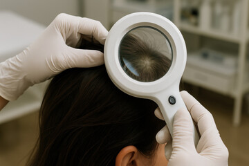 Dermatologist examining scalp for hair health and skin conditions with magnifying glass
