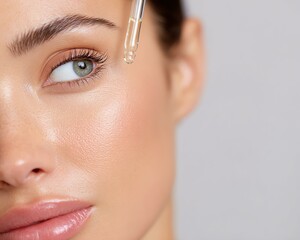 Natural skincare in action for everyday Close-up of a woman applying skin serum to her face, highlighting beauty and skincare routines.