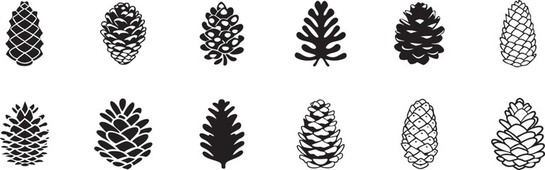Simple Evergreen Cone Clip Art Pack. Various Pinecone Shapes, Ideal for Seasonal, Outdoor, and Natural Designs.