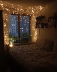 Cozy bedroom with fairy lights and plants.