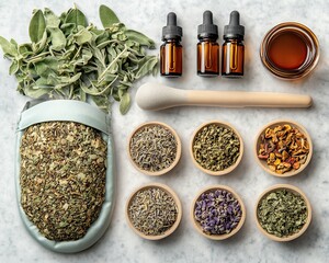 Herbs and essential oils for natural remedies.