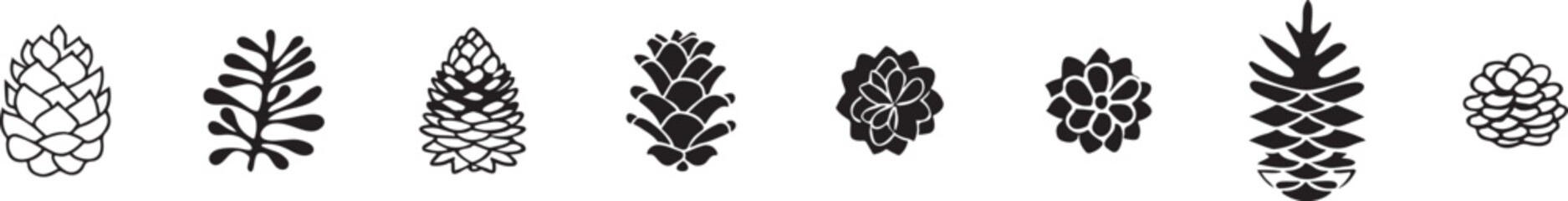 Pine Cone Icons. Vector Set of Outlines and Silhouettes for Nature and Holiday Designs.