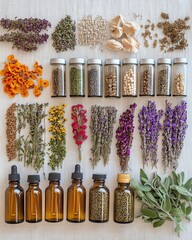 Collection of herbs and essential oils organized neatly.