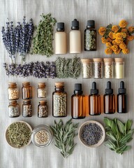 Herbs and essential oils on a rustic table.