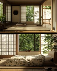 Serene empty room with natural light and plants.