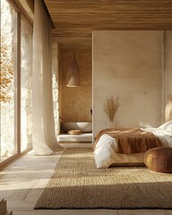 Stylish bedroom with natural decor elements.