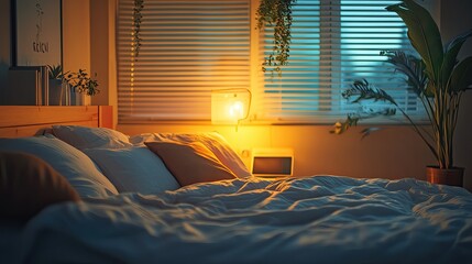 Cozy bedroom with soft lighting and plants.