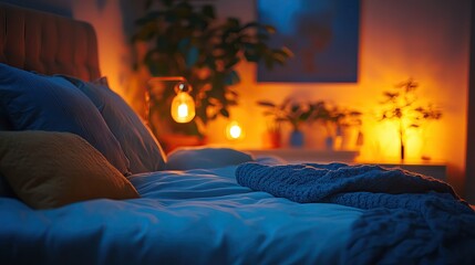 Cozy bedroom with warm lighting and plants.