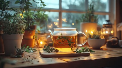 Herbal tea in a cozy, illuminated setting.