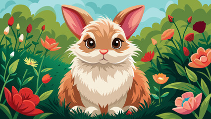 Illustration of a cute bunny sitting in a flower field