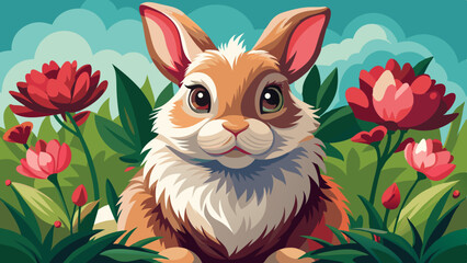 Illustration of a cute rabbit among flowers and leaves