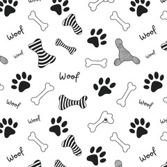 Dog bone vector pattern, paw print seamless background, pet themed wallpaper, black and white doodle style canine design illustration