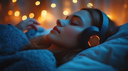 Woman relaxing with headphones in ambient light