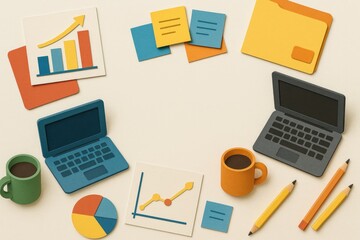 Creative business workspace papercraft laptops charts