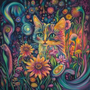 Trippy Cat in Grass Abstract Aninal Portrait Dreamy Colorful Psychedelic Hippy Art Digital Illustration Colors Multicolor