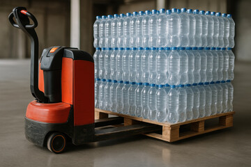 Electric pallet jack handling bottled water load in warehouse storage