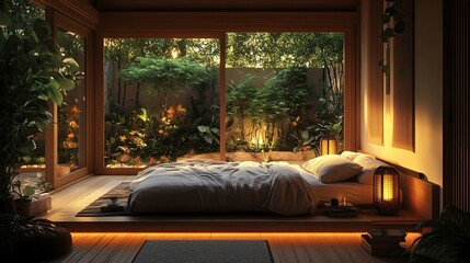 Serene bedroom with natural light and plants.