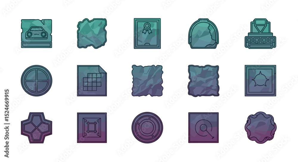 Poster collection of various framed images and icons with a gradient color scheme and varied geometric shap