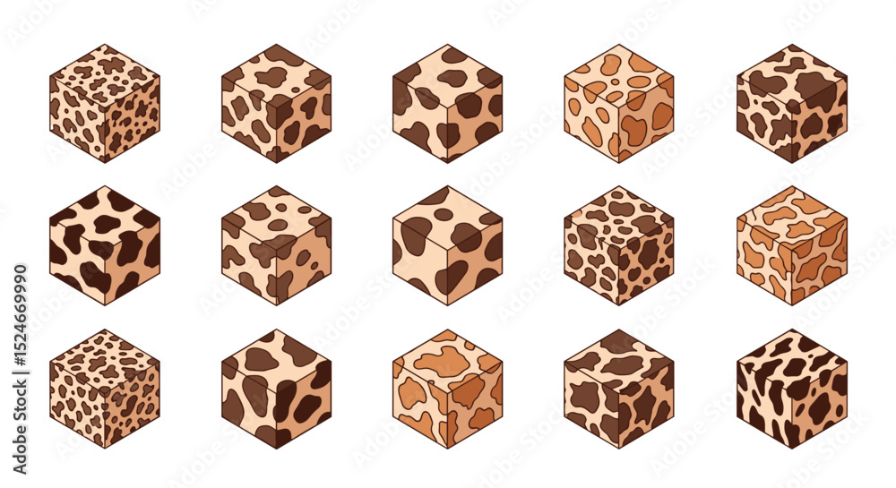 Poster isometric blocks with various animal print patterns arranged on a white background surface view