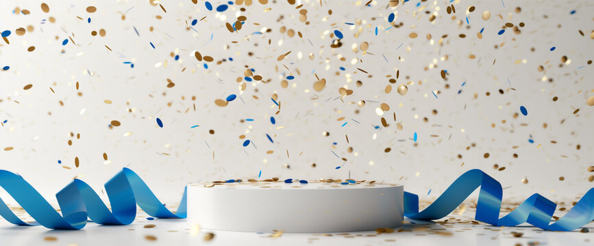  Elegant white podium with blue ribbon and golden confetti on white background