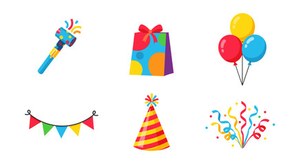 Fototapeta premium Illustration of party elements including a noisemaker gift bag balloons and party decorations elements