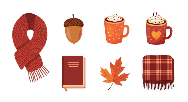 Autumn themed illustration with scarf acorn mugs book leaf and plaid blanket in warm colors and cozy style