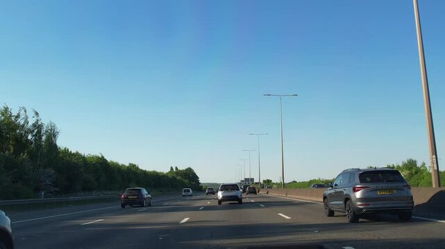 Car Travel on British Highways and Motorways From London City to Luton Tow of England UK