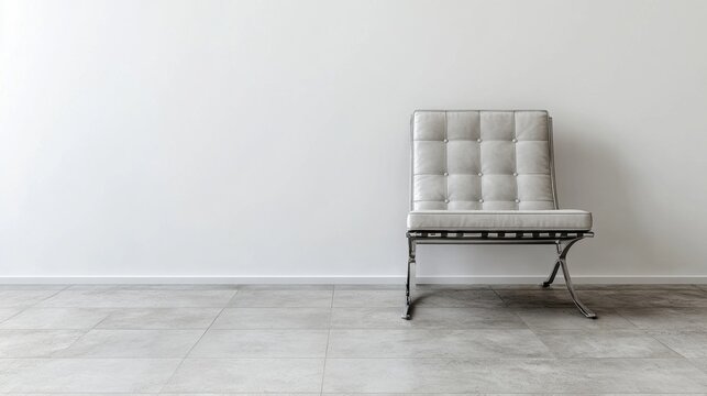 Chair with brushed chrome frame and soft light gray leather on modern floor