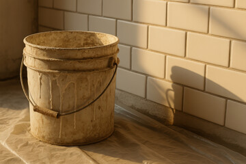 Fototapeta premium Sunlit empty paint bucket on plastic sheet with tiled wall background